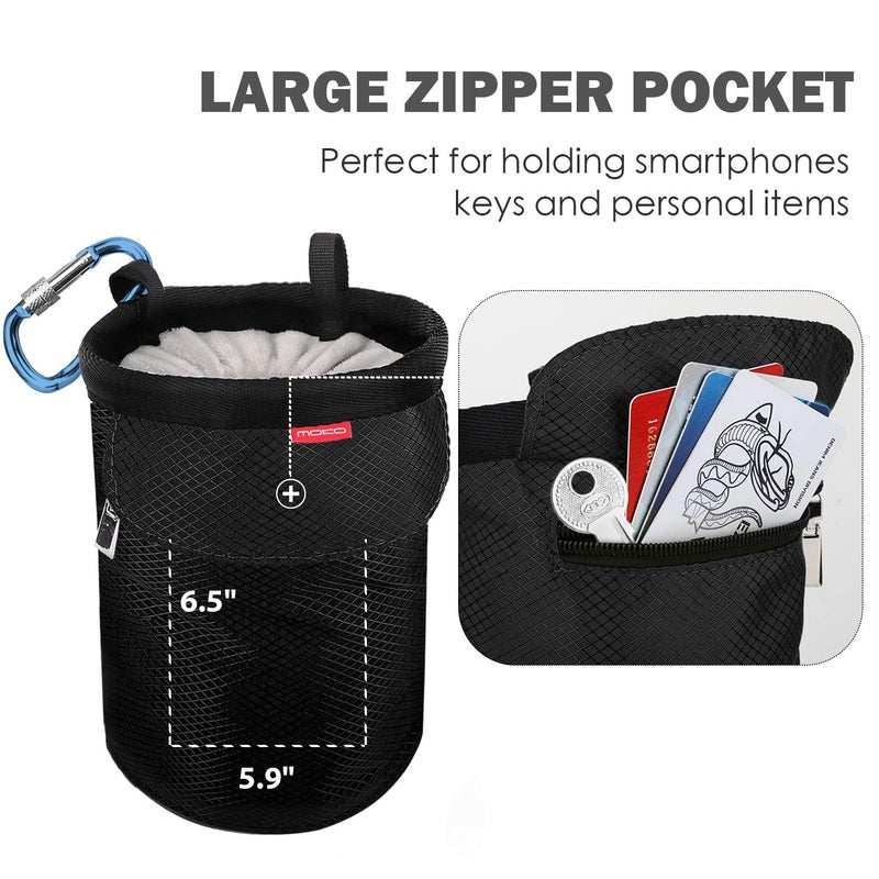 MoKo Chalk Bag, Drawstring Rock Climbing Bag Bouldering Chalk Pot Bucket with Adjustable Belt & Zippered Pockets and Carabiner for Rock Climbing Weight Lifting Gymnastics Crossfit - Black - Image 5